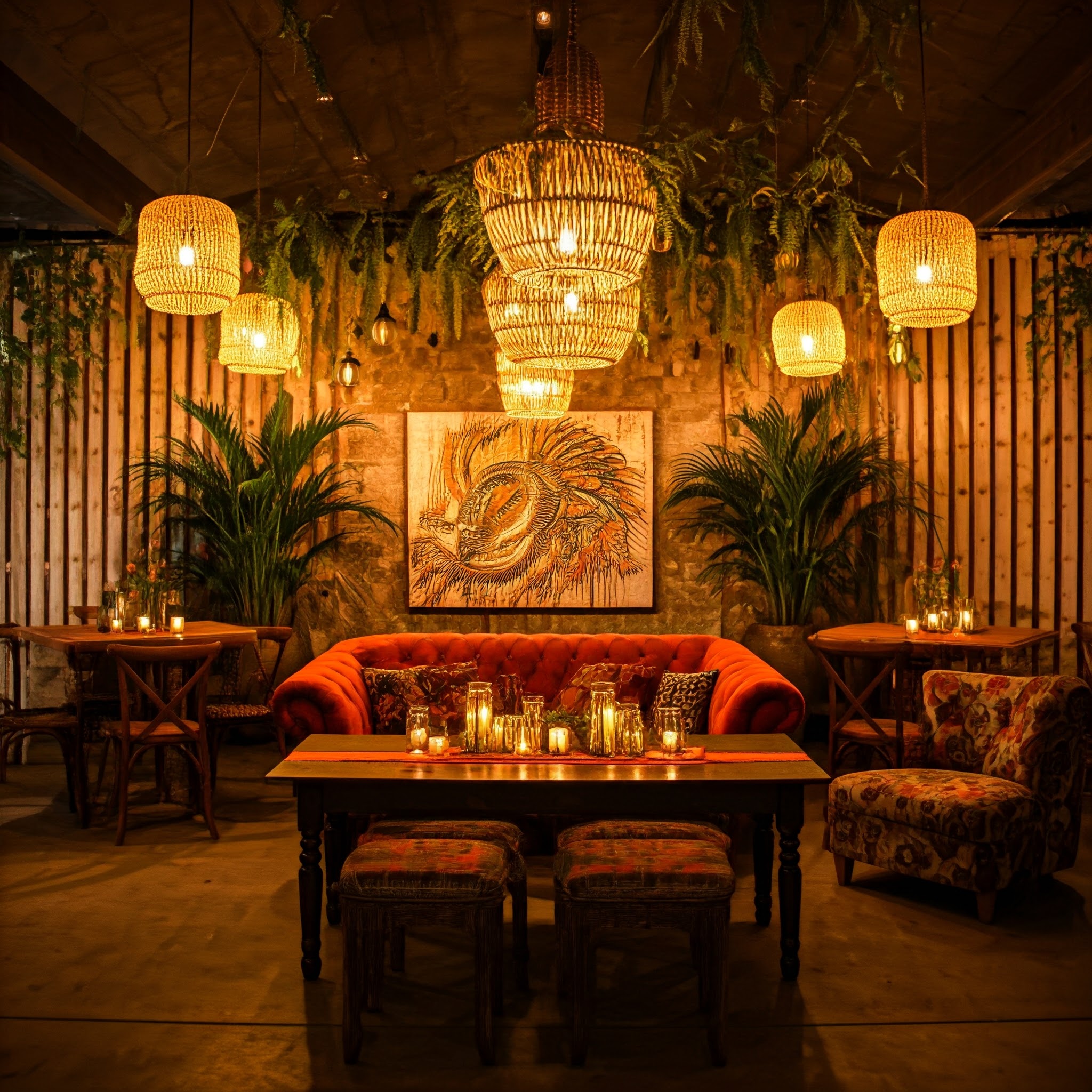 Beautifully decorated interior event space with chandeliers and artwork