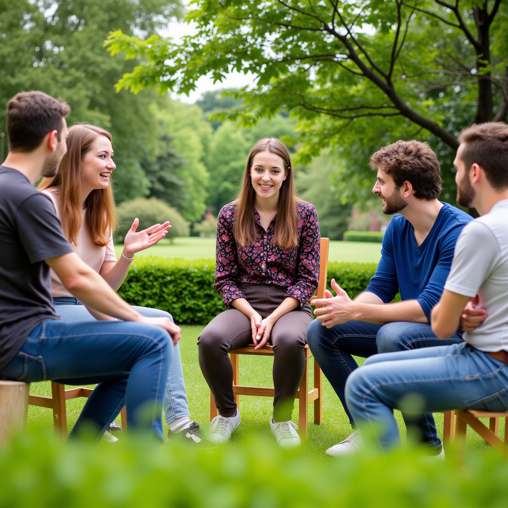 Group of people engaged in lively discussion in a garden setting