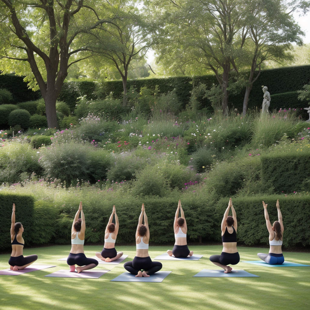 Yoga session taking place in a serene garden setting