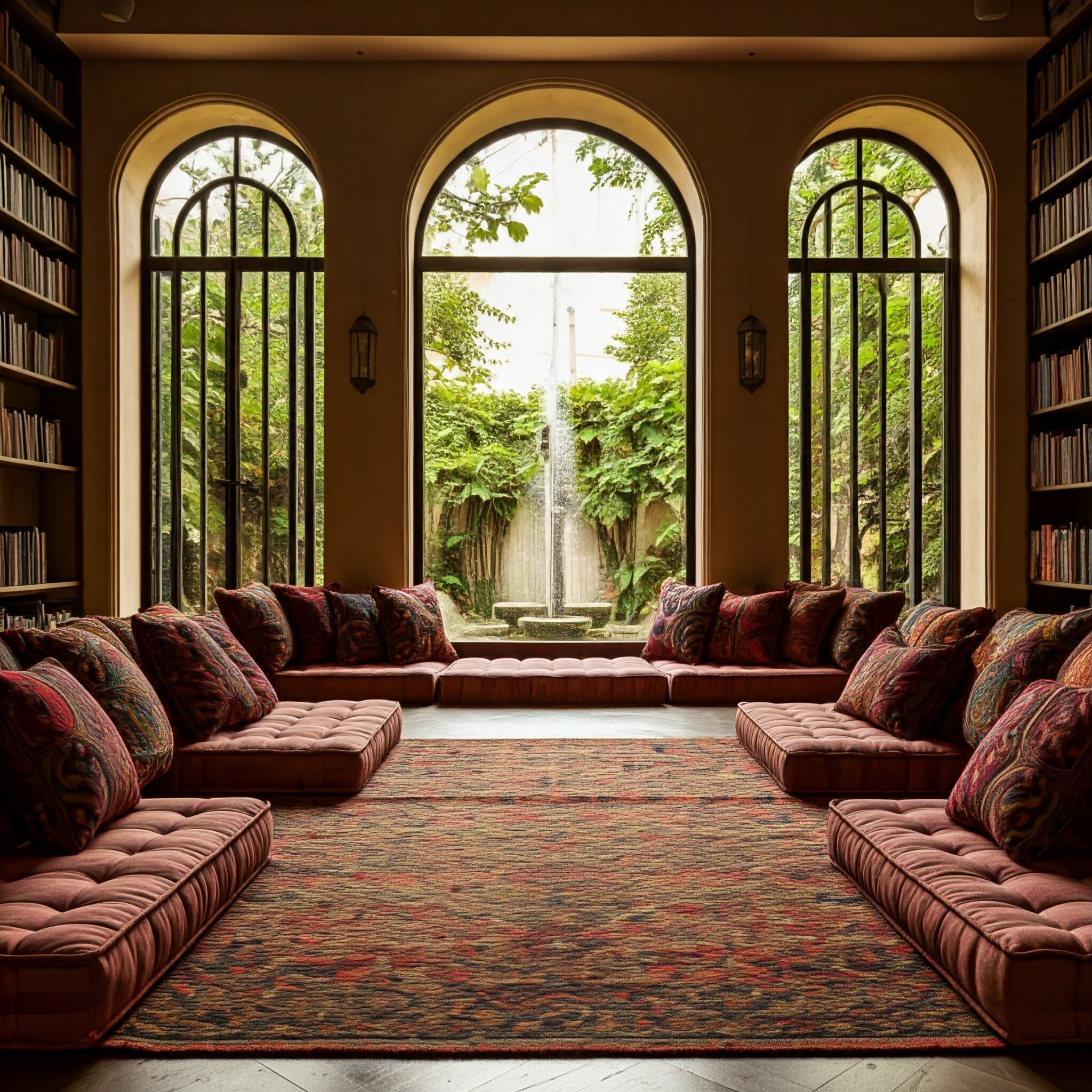 Cozy library corner with floor-to-ceiling bookshelves and comfortable seating