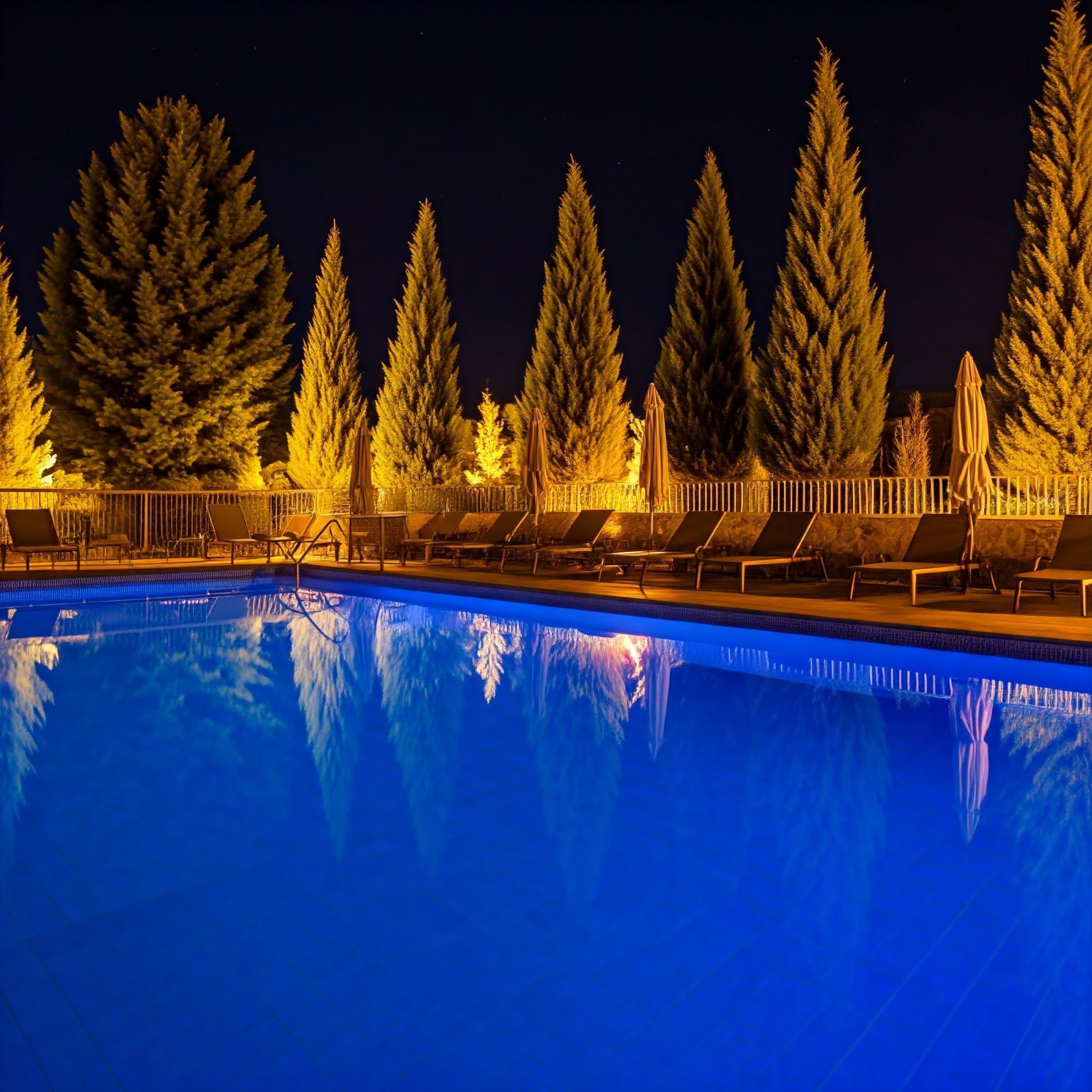 Night view of the illuminated pool area with ambient lighting