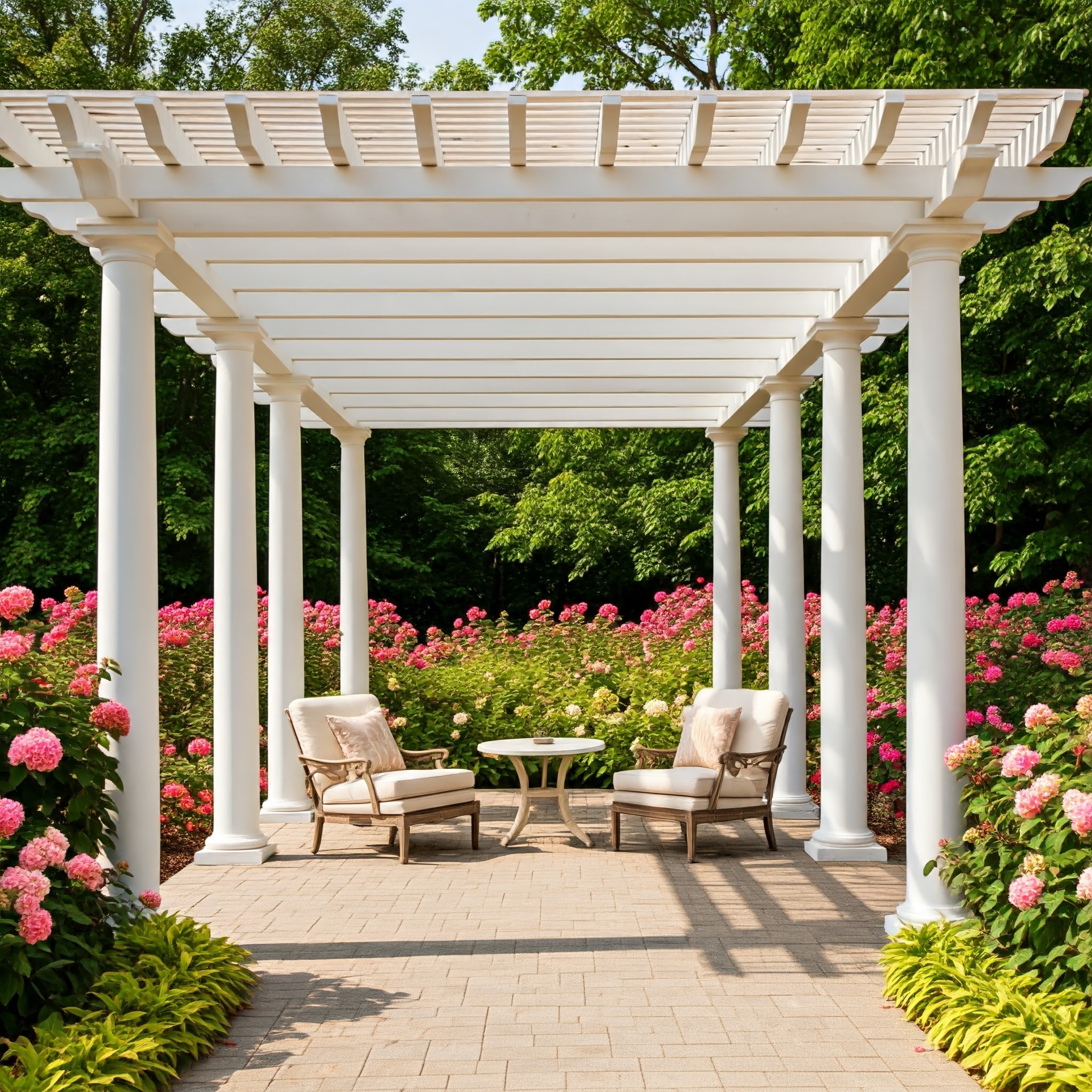Elegant pergola surrounded by blooming flowers and comfortable seating