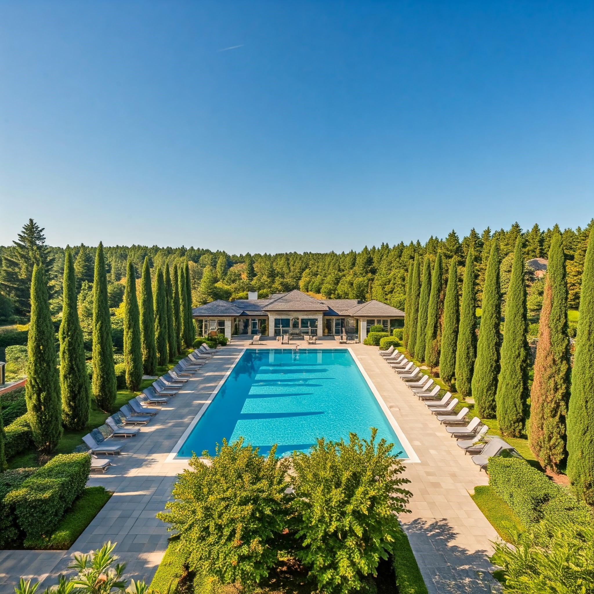 Aerial view of the 35x75 ft pool surrounded by lush gardens